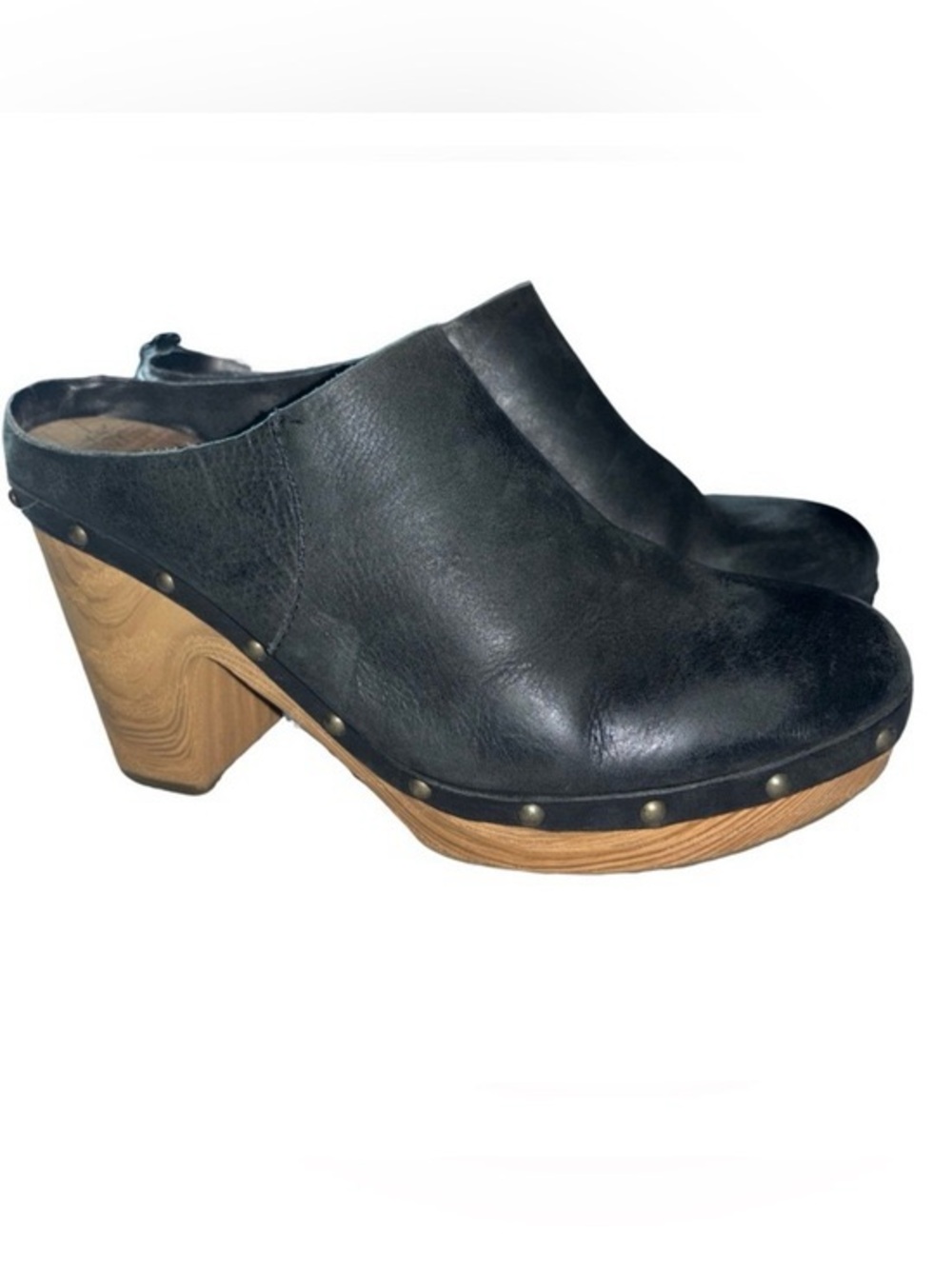 Kork-Ease Black Leather Studded Wooden Heel Clogs